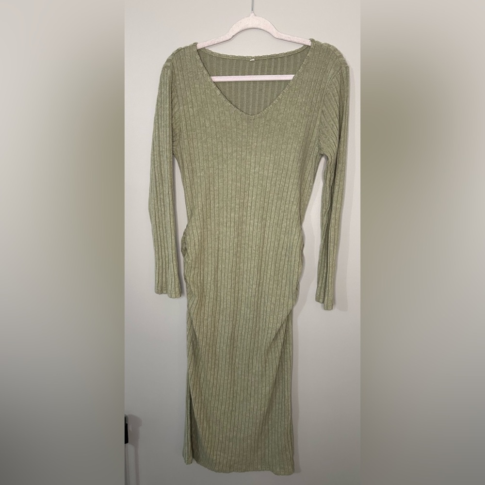 Elegant, Fitted, Ribbed Knit Maternity Dress in Olive Green